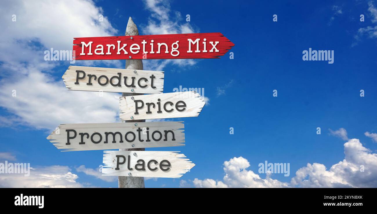 Marketing-Mix-Konzept – Produkt, Preis, Werbeaktion, Ort – hölzerne Wegweiser mit fünf Pfeilen Stockfoto
