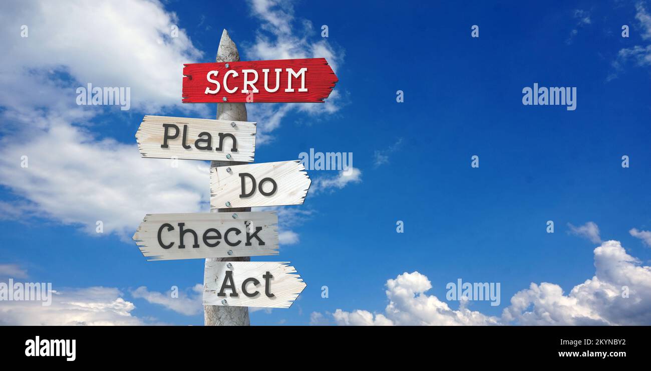 Scrum Concept - Planen, tun, überprüfen, handeln - hölzerner Wegweiser mit fünf Pfeilen Stockfoto