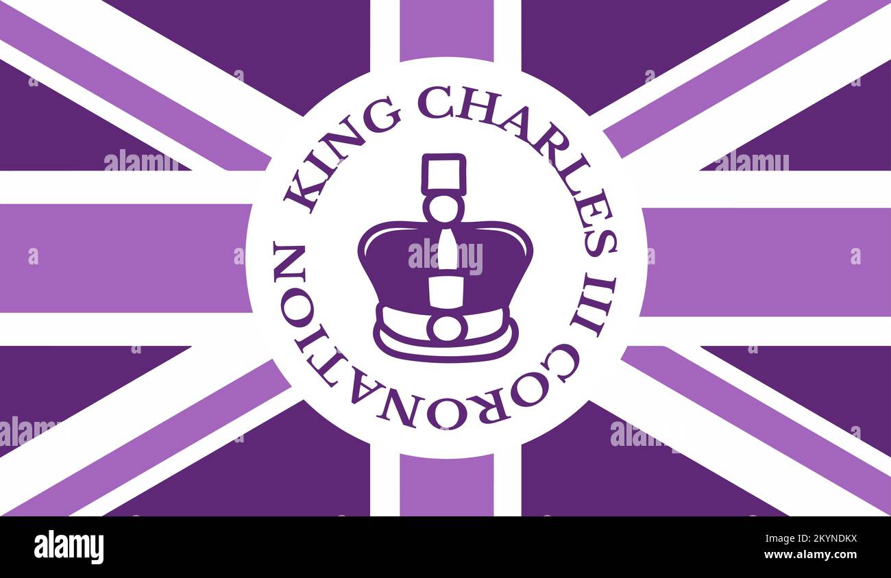 Poster für die Krönung von König Karl III. Mit britischer Flaggendarstellung. Grußkarte zur Feier der Krönung von Prinz Charles von Wales wird König von England. Stock Vektor