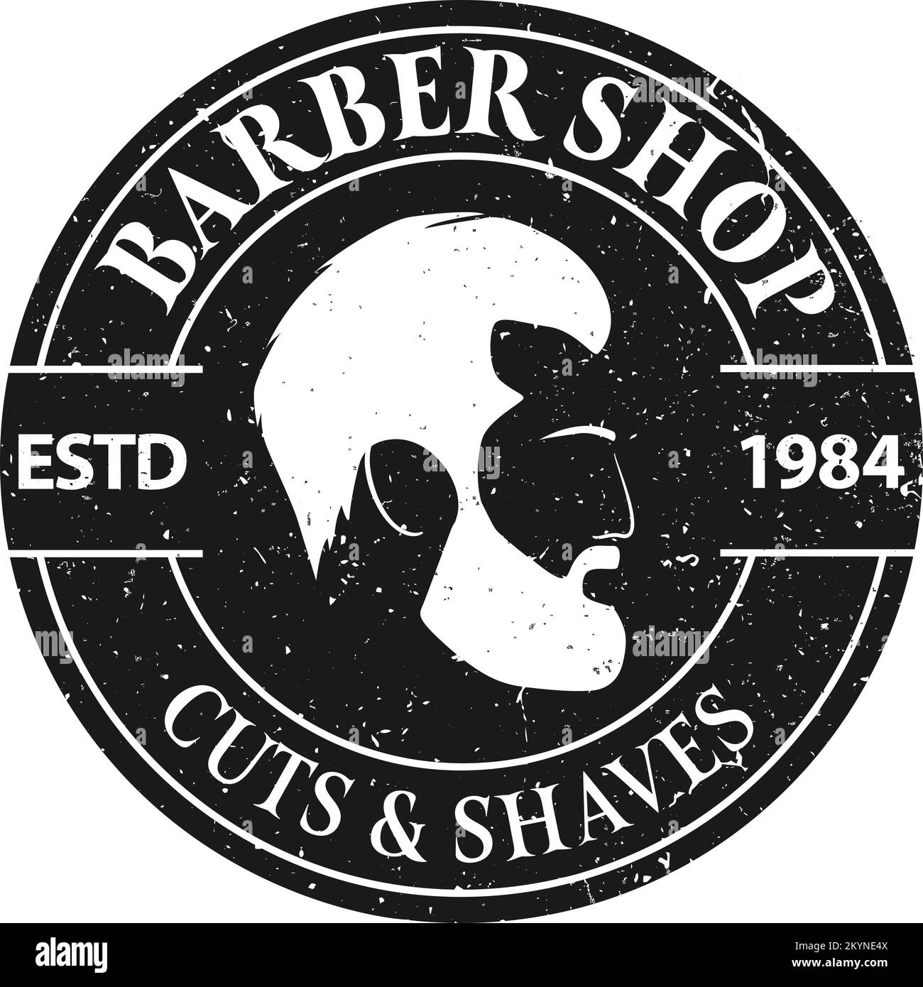 Barbier-Shop-Schild oder -Logo mit bärtiger Hüftsicht, Vektorzeichnung Stock Vektor