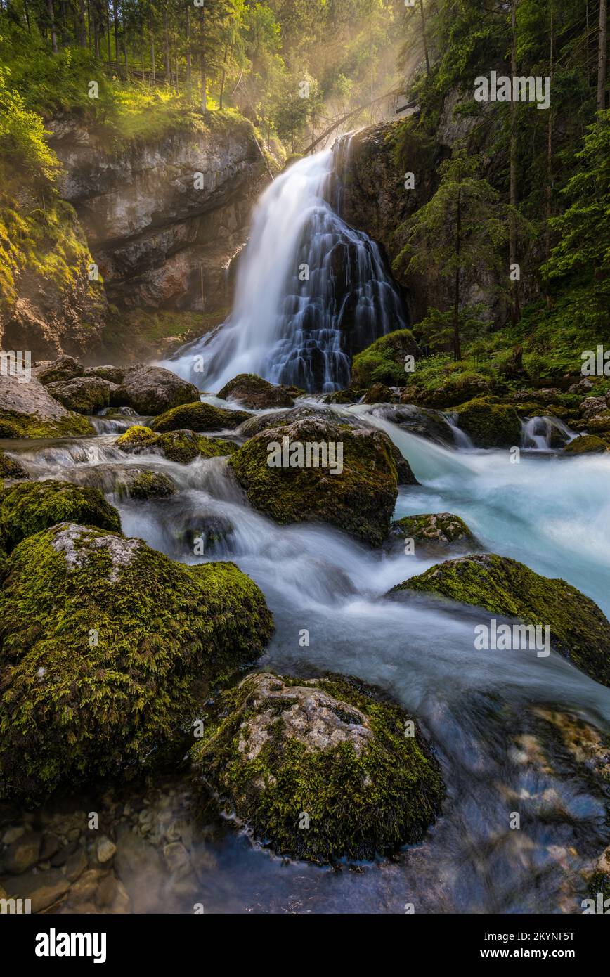 Gollinger Wasserfall in Golling an der Salzach bei Salzburg, Österreich. Gollinger Wasserfall mit moosigen Felsen und grünen Bäumen, Golling, Salzburger Land, Stockfoto