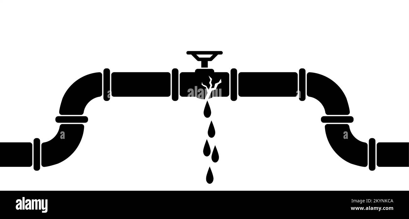 Leckage, gebrochene Öl- oder Gasleitung mit Armaturen und Ventilen. Pipeline, schwarzer Hahn, offen, geschlossen. Cartoon Wasserstrahl mit undichten Rohrleitung, Sanitär-System Stockfoto