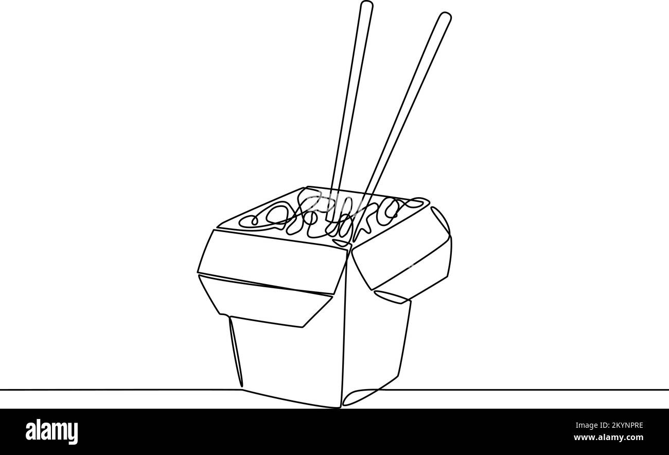 Geöffnete asiatische Essensbox mit Nudeln. Wok Box zum Mitnehmen mit traditionellem chinesischen oder thailändischen Gericht Stock Vektor