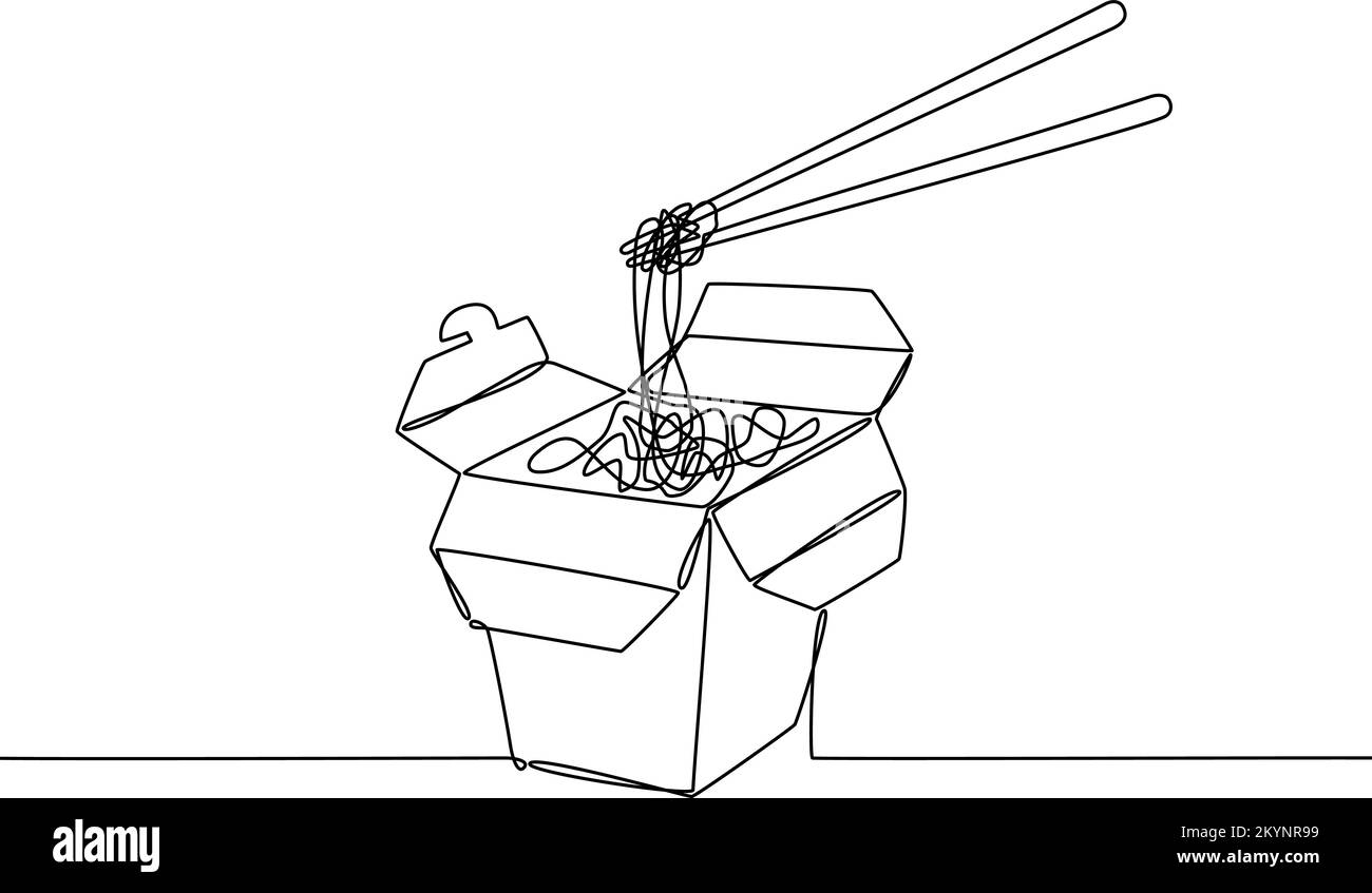 Geöffnete asiatische Essensbox mit Nudeln. Wok Box zum Mitnehmen mit traditionellem chinesischen oder thailändischen Gericht Stock Vektor