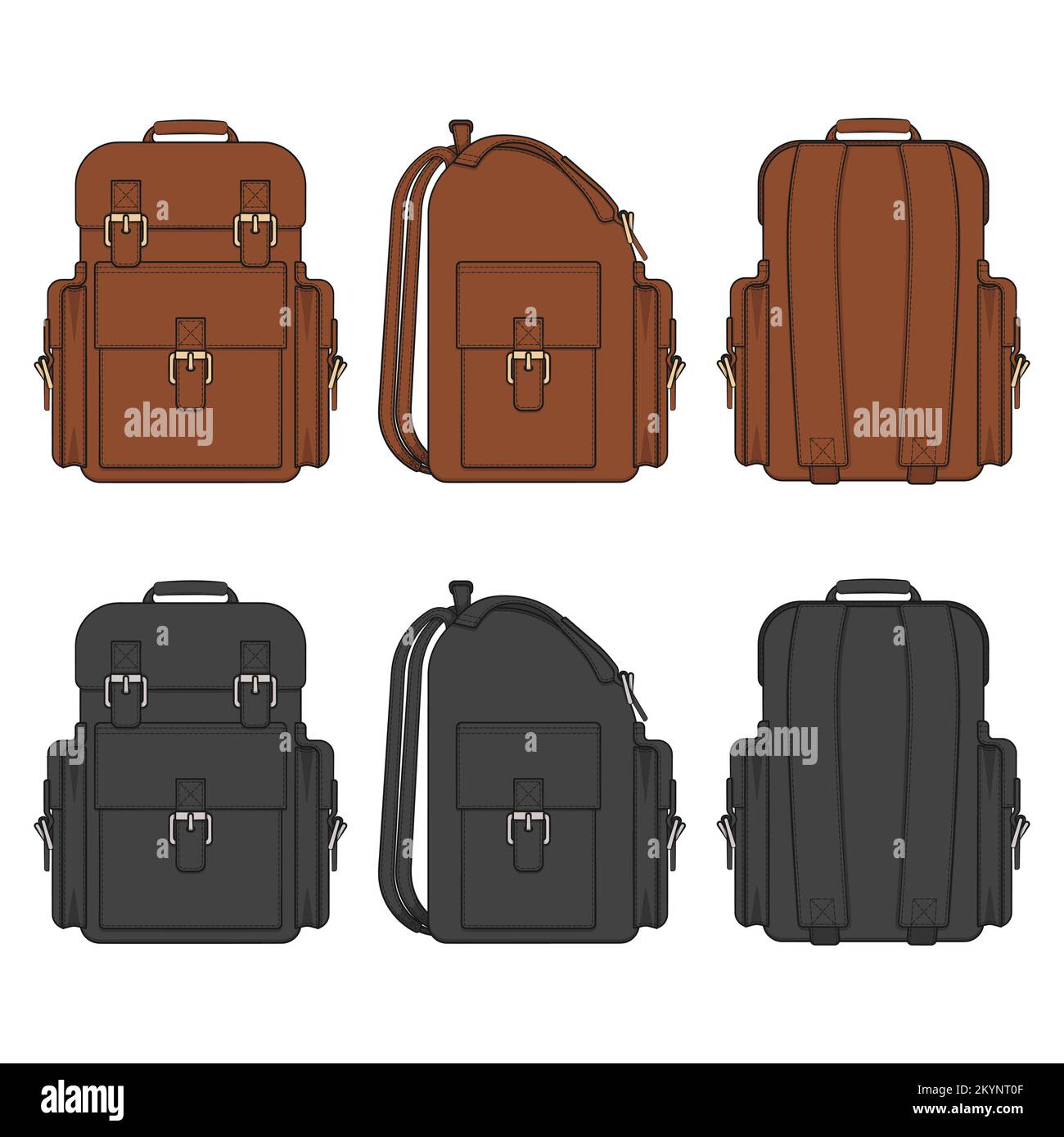 Set mit farbigen Illustrationen mit Lederrucksack. Isolierte Vektorobjekte auf Weiß. Stock Vektor