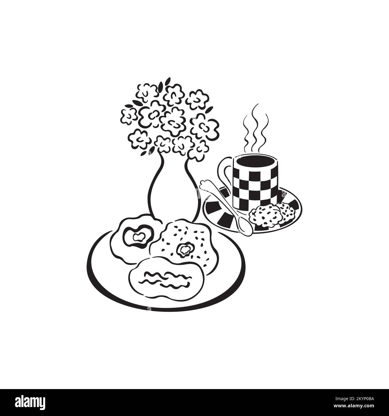 Handgezeichnet aus einer Kaffeetasse mit Vektorherd und einer Vase mit Blumen auf weißem Hintergrund Stock Vektor