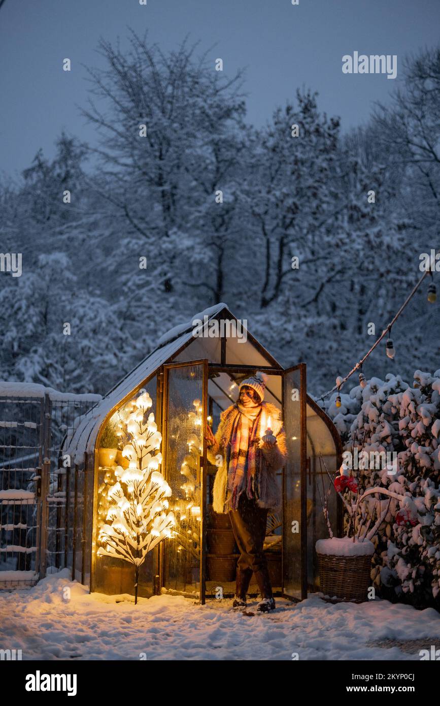 Verschneiter Hof mit Gewächshaus und glühendem Baumgraland Stockfoto