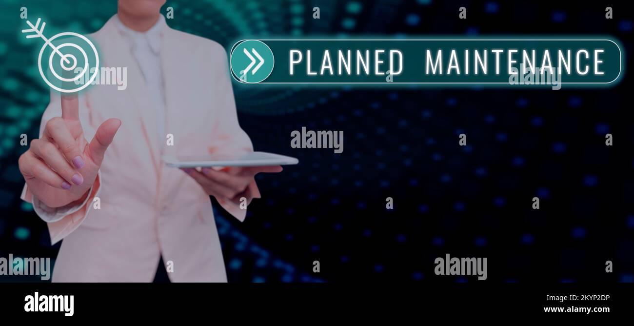 Textschild mit geplanter Wartung. Business Showcase Check-ups werden regelmäßig durchgeführt Stockfoto