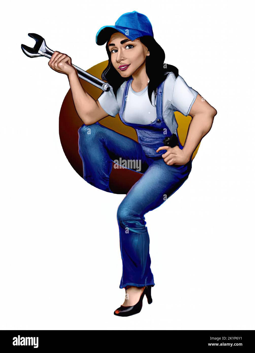 Logo-Konzept einer Frau in Jeans und High Heels mit Schraubenschlüssel Stockfoto