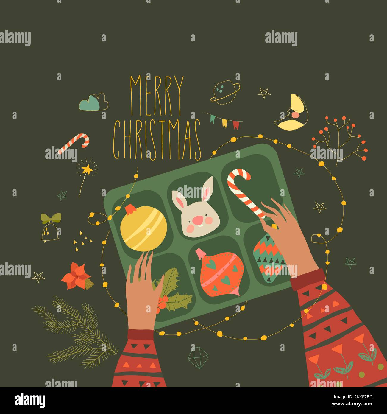 „Merry Christmas“-Karte mit Händen, die Weihnachtsdekorationen tragen Stock Vektor