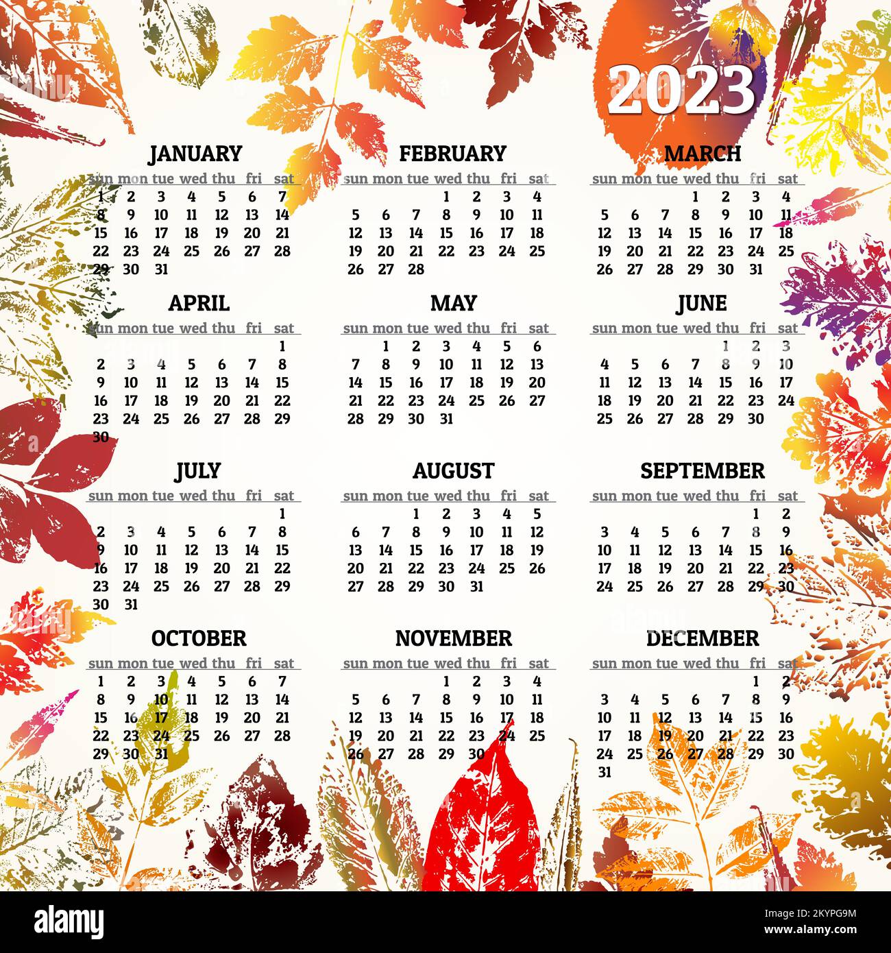 Kalender für 2023 Jahr mit farbenfrohen Herbstblättern Stock Vektor
