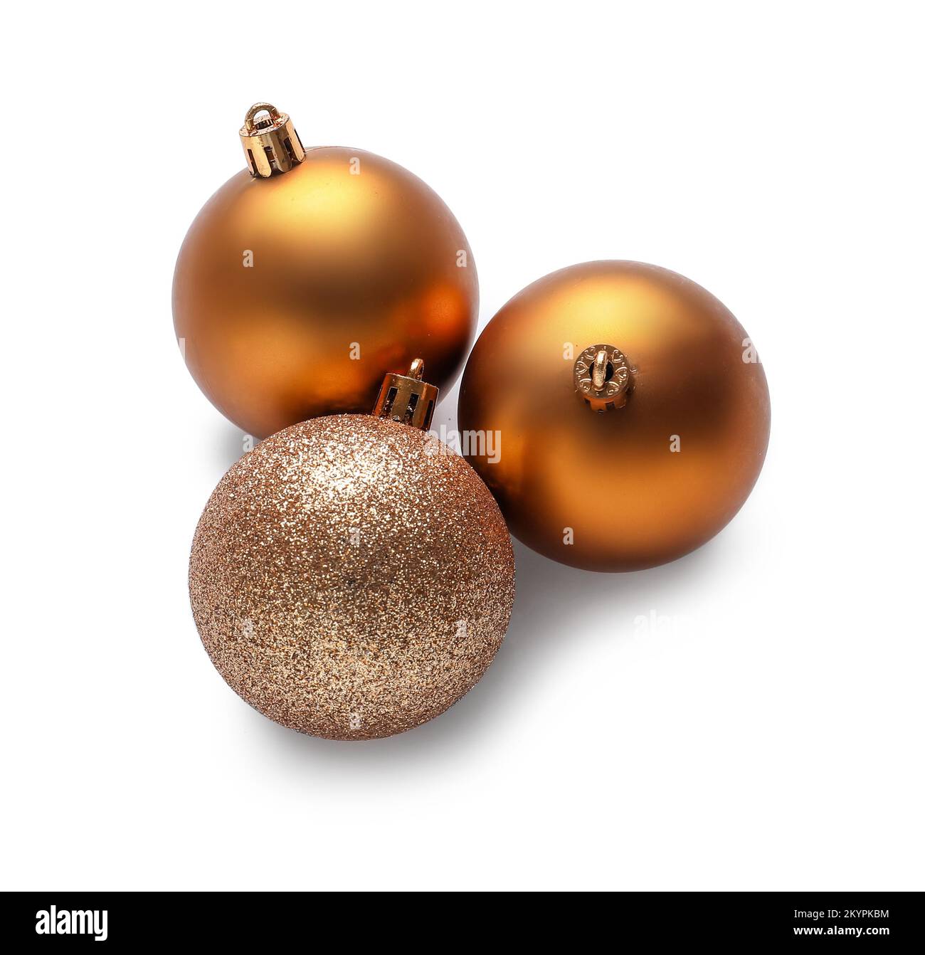 Drei Weihnachtsbälle isoliert auf weißem Hintergrund Stockfoto