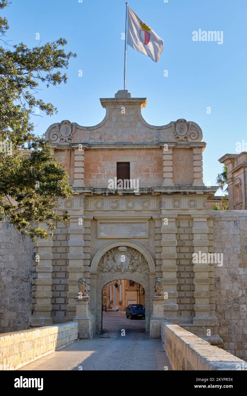 Das barocke Portal und Torhaus des Mdina-Tors - Mdina, Malta Stockfoto