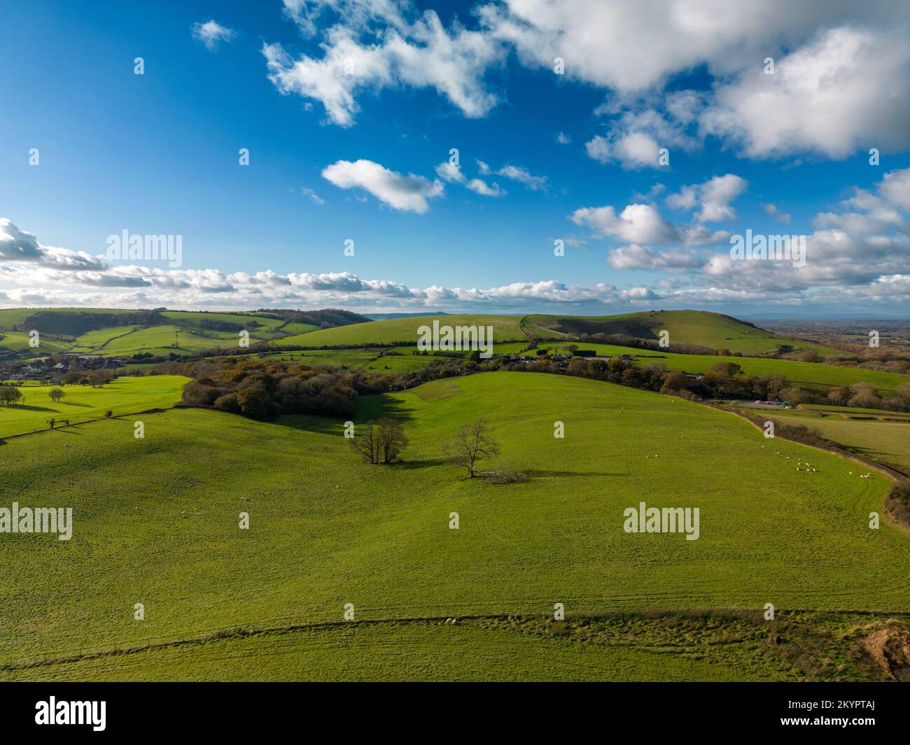 Ein Luftblick auf die South Downs westwärts in Richtung Wolstonbury Hill und Saddlescombe von der Nähe der Windmühlen in Clayton im Herbst, East Sussex, Großbritannien Stockfoto