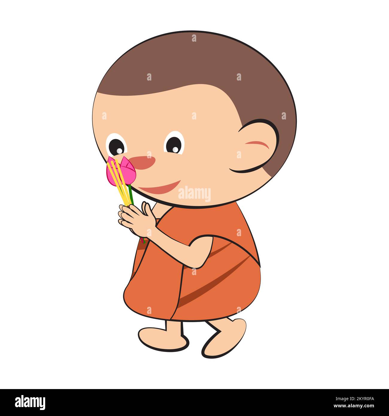 Clipart der Cartoon-Version von Mönch halten Kerze und gehen um den Tempel, Vektordarstellung Stock Vektor
