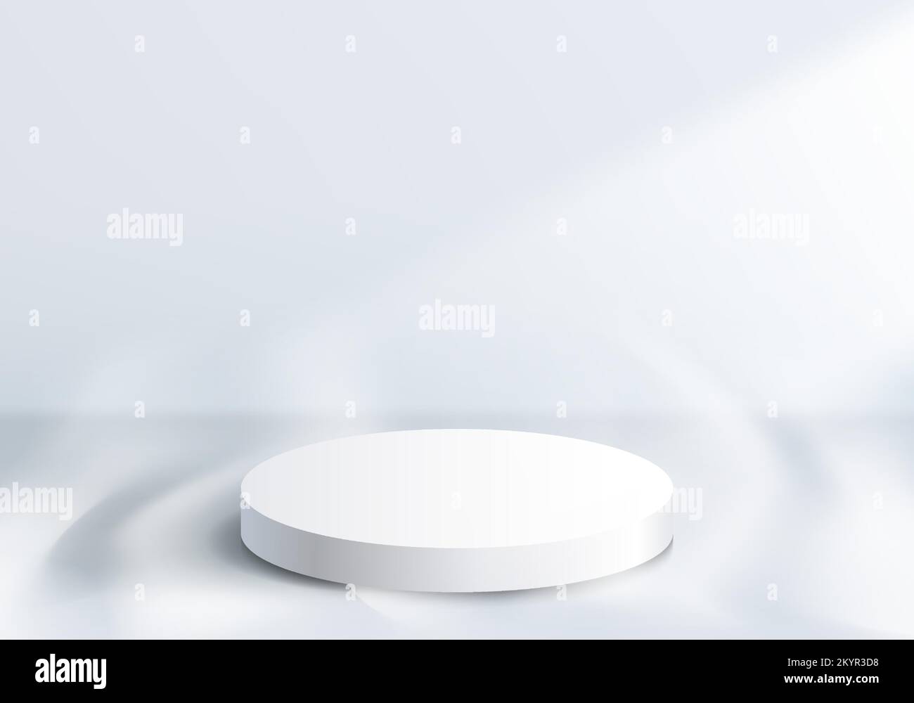 3D realistische, moderne, minimalweiße Zylinder-Podium-Plattform mit rauchigen Elementen auf einem sauberen Hintergrund für Wandszenen. Produktpräsentation für Kosmetik, Ausstellungsraum, Stock Vektor
