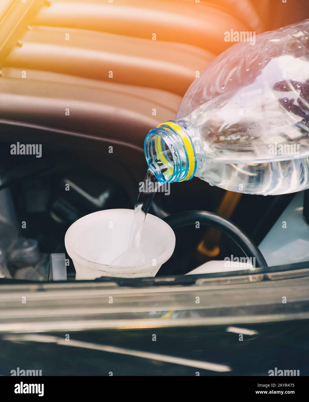 Der Automechaniker gießt sauberes Wasser in den Behälter einer Wischeranlage, ein Wartungskonzept für Fahrzeuge Stockfoto