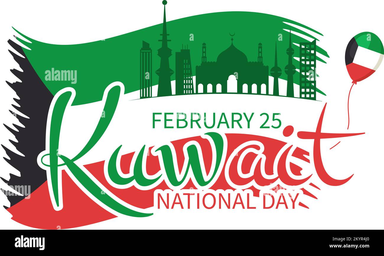 National Kuwait Day am 25.. Februar mit Waving Flag and Independence Celebration in Flat Cartoon Handgezeichnete Vorlagen Illustration Stock Vektor