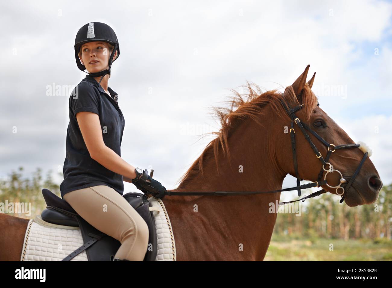 Natur auf dem Pferderücken erleben. Eine junge Frau, die auf ihrem Kastanienpferd reiten geht. Stockfoto