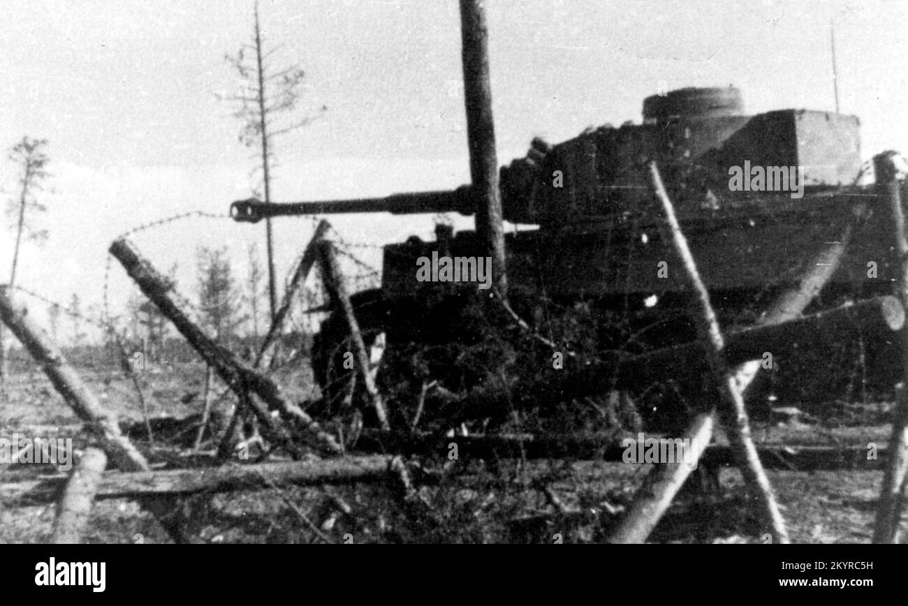 B&W-Foto aus dem 2. Weltkrieg Ein deutscher Tigerpanzer durchbricht während der Kusk Offensive am 1943. Juli eine russische Verteidigungslinie Stockfoto