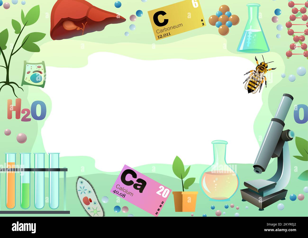 Chemieobjekte mit Platz für Text. Bild von wissenschaftlichen Artikeln. Untersuchung lebender Zellen von Pflanzen, Tieren und Menschen. Isoliert auf weißem Hintergrund Stock Vektor