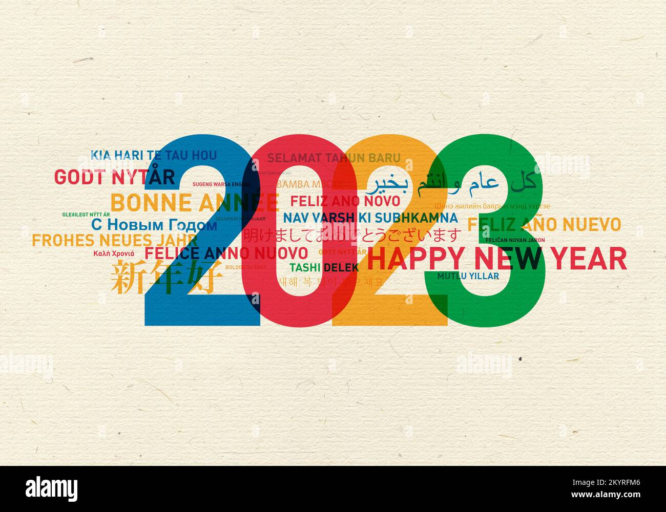 2023 Grußkarte zum Neujahr aus der ganzen Welt in verschiedenen Sprachen und Farben Stockfoto