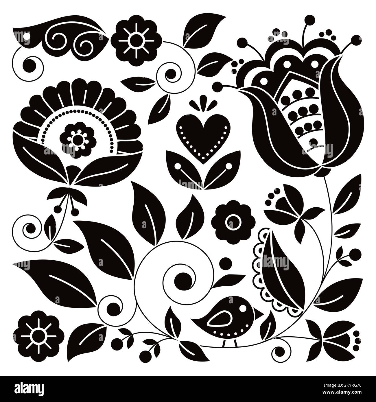 Skandinavische Volkskunst-Vektoren in Schwarz und Weiß mit quadratischem Blumendesign und Vogel, inspiriert von traditionellen Stickereien aus Schweden – perfekt für gree Stock Vektor