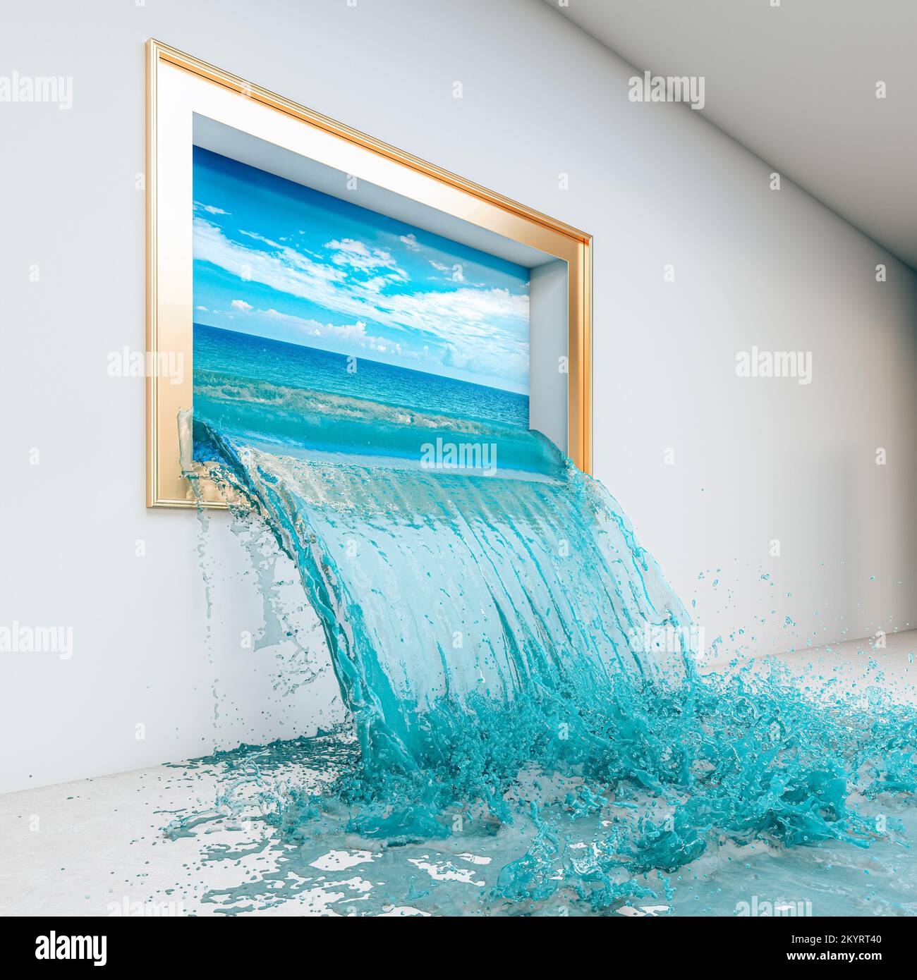 Gemälde mit Panorama des Meeres, aus dem Wasser fließt und den Raum überflutet. 3D-Rendern Stockfoto