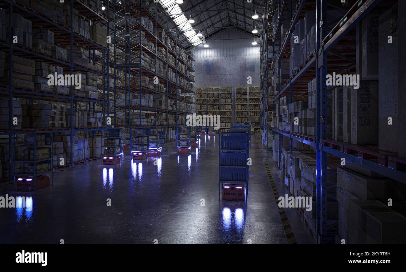 Automatisiertes Lagerhaus mit sich bewegenden Drohnen in der Nacht. 3D-Rendern Stockfoto