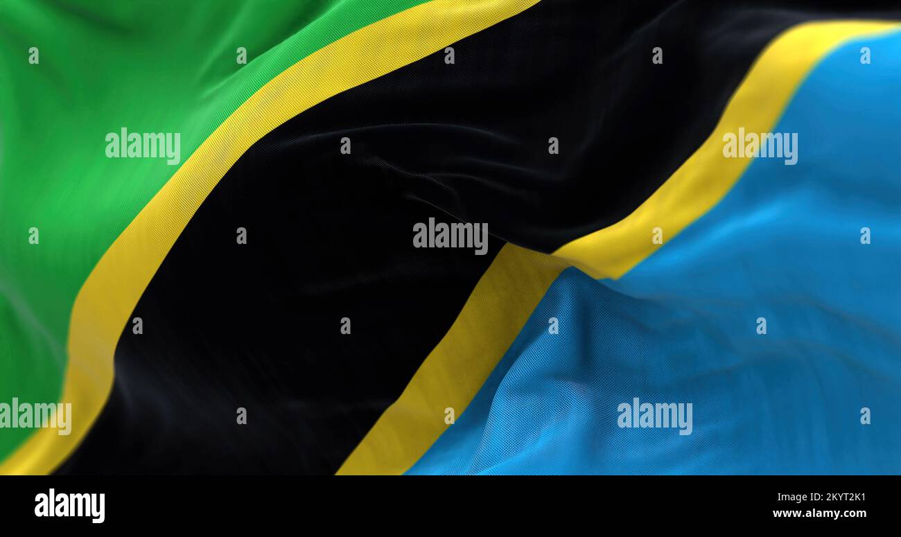 Nahaufnahme der Tansania Nationalflagge, die im Wind winkt. Die Vereinigte Republik Tansania ist ein Land in Ostafrika. Texturierter Rückenrand aus Stoff Stockfoto