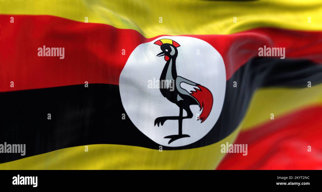 Nahaufnahme der ugandischen Nationalflagge, die im Wind winkt. Die Republik Uganda ist ein Land in Ostafrika. Texturierter Hintergrund. Selektiv Stockfoto