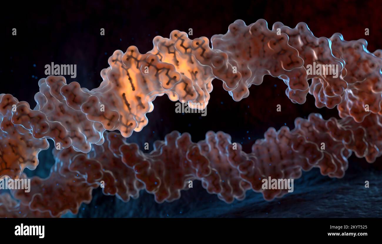Spiralförmige DNA-Stränge auf dunklem Hintergrund. 3D Abbildung Stockfoto