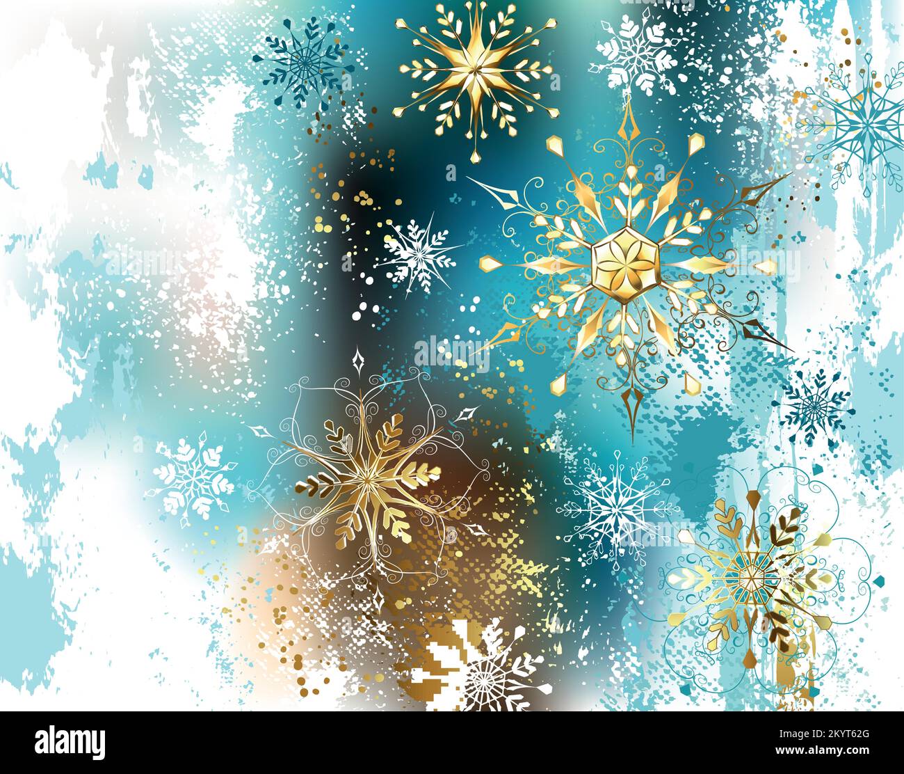 Weihnachten, Winterhintergrund, blau, weiß, goldene Farbe mit Gold, glänzend, schimmernde Schneeflocken. Goldene Schneeflocken. Stock Vektor