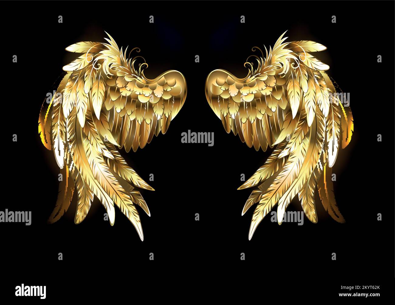 Glänzend, Gold, Schmuck, Vogelflügel auf schwarzem Hintergrund. Goldene Flügel. Stock Vektor