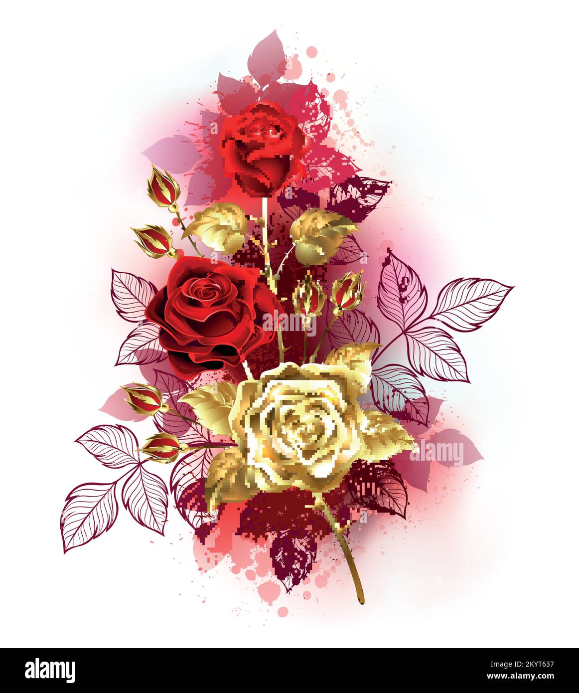 Kleiner Strauß luxuriöser, kunstvoll gestrichener Gold- und roter Rosen mit goldenen und roten Blättern auf weißem Hintergrund. Goldene Rose. Stock Vektor