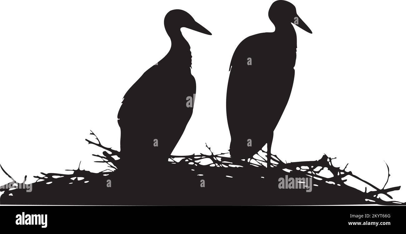 Silhouette eines Störchs auf dem Nest. Stock Vektor