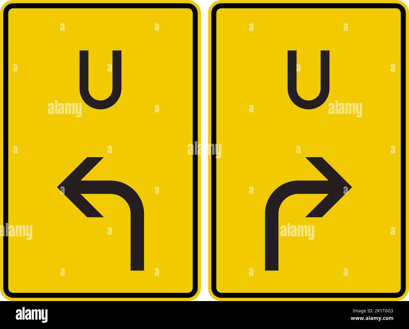Umleitungsschilder auf anderen Straßen als der Autobahn. 1. Biegen Sie nach dem Schild links ab. 2. Biegen Sie nach dem Schild rechts ab. , Umleitungsschilder, Straßen Stock Vektor