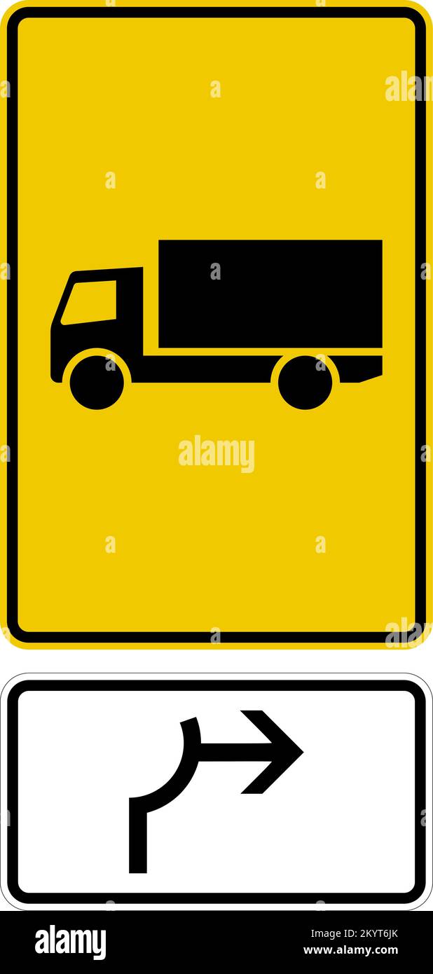 Hinweisschild Umleitung auf anderen Straßen als der Autobahn. Die genannte Fahrzeugklasse sollte die angegebene Route durch den Kreisverkehr nehmen. , Straßenschilder Stock Vektor