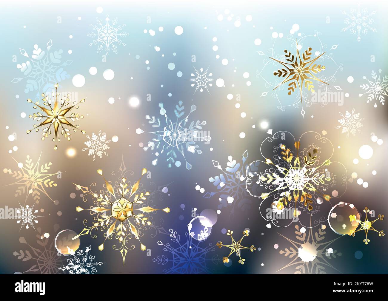 Heller, leuchtender Weihnachtshintergrund mit glänzenden, goldenen und weißen Schneeflocken. Goldene Schneeflocken. Stock Vektor