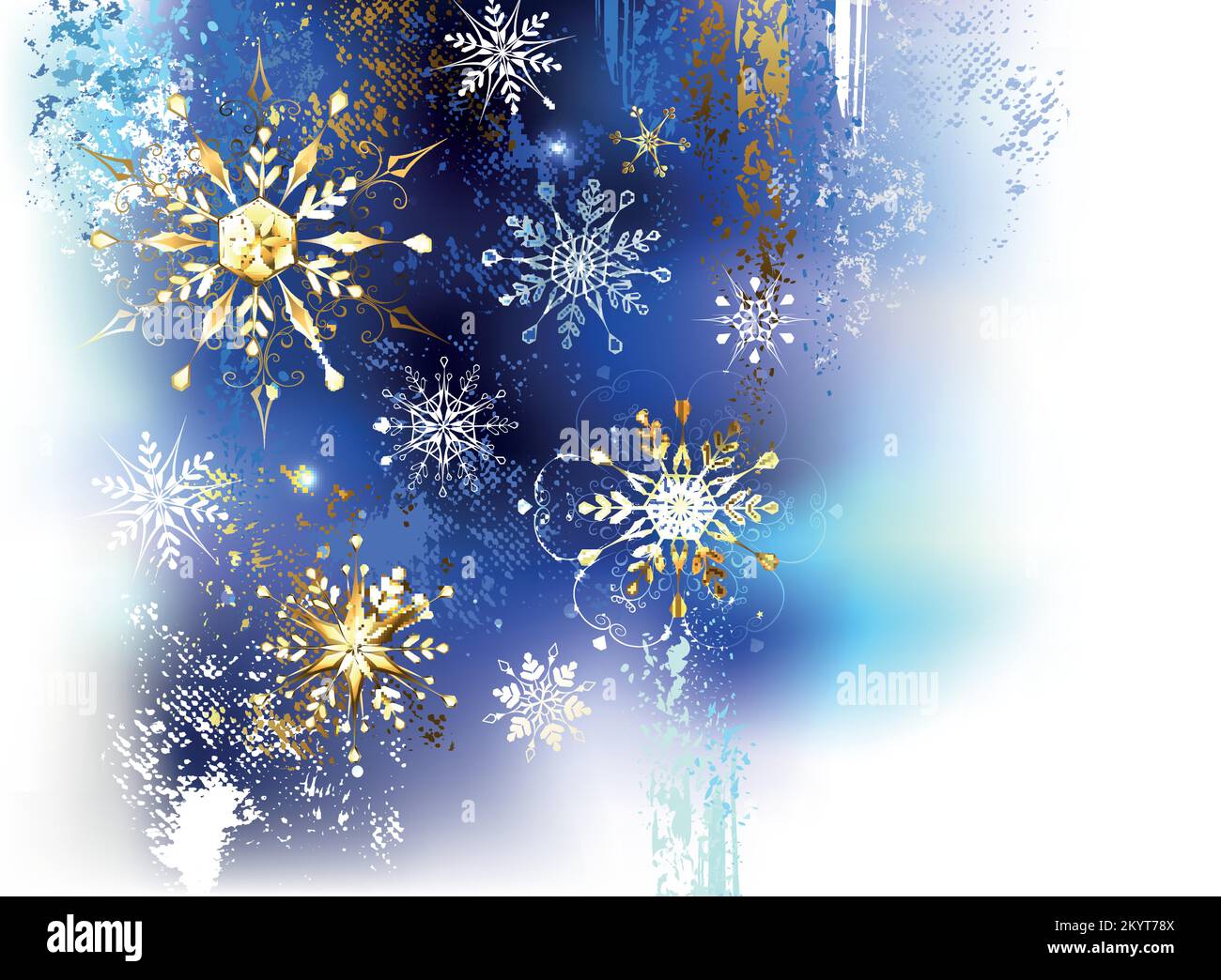 Weihnachten, Winterhintergrund, blau, weiß, goldene Farbe mit Gold, glänzend, schimmernde Schneeflocken. Goldene Schneeflocken. Stock Vektor