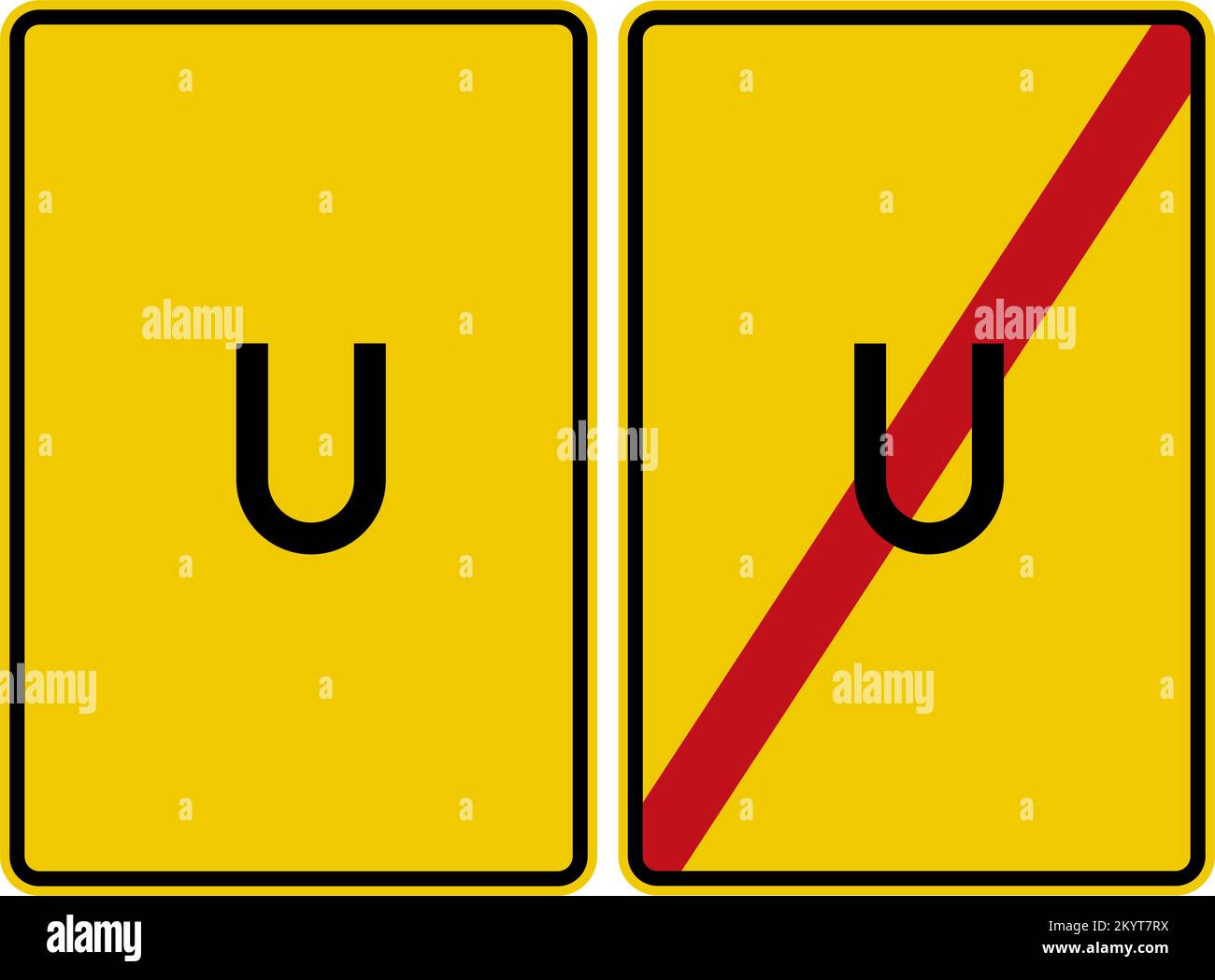 Gibt den Beginn und das Ende einer Umleitung auf anderen Straßen als der Autobahn an. Der Buchstabe „U“ steht für das Wort „Umleitung“ (Umleitung). , Umleitungsschilder, Straßen Stock Vektor