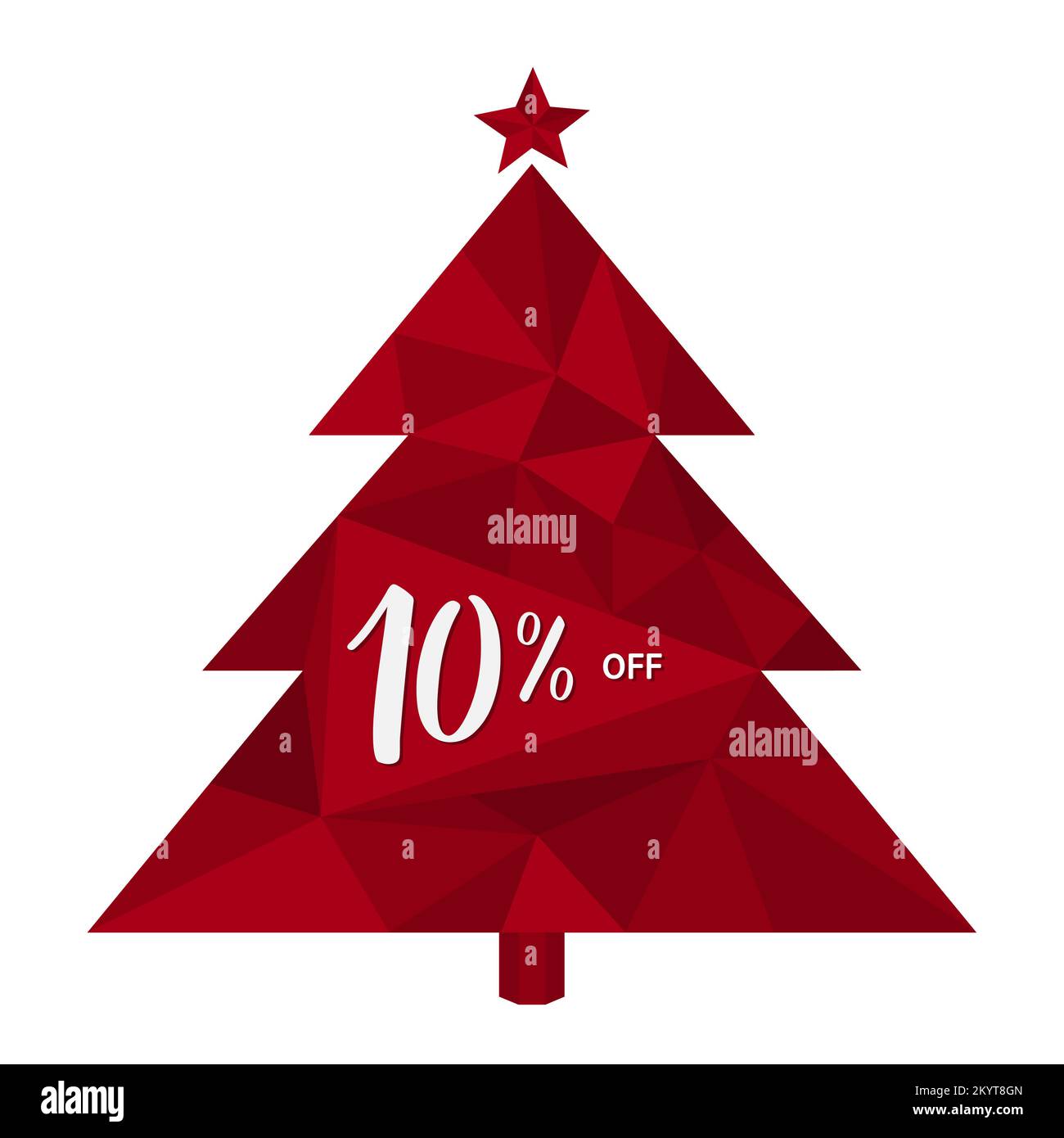 10 % RABATT. Zehn Prozent Rabatt auf den Hintergrund des roten Weihnachtsbaums aus Dreiecken mit 3D-Effekt. Winterangebote, Weihnachtsangebote, Neujahrsangebote. Stock Vektor