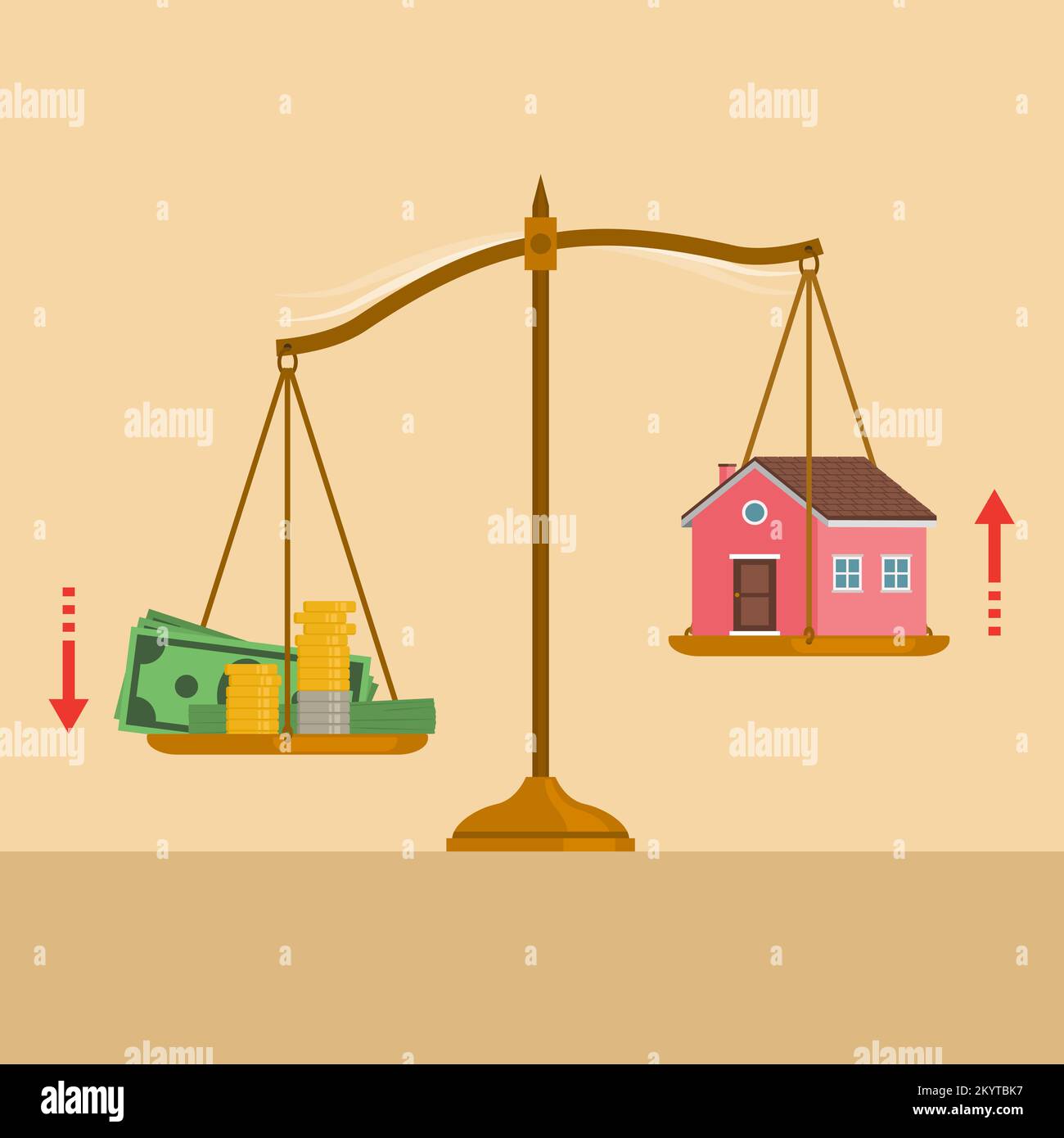 Gewichtswaage mit viel Geld auf einem Teller und ein Haus auf dem anderen Teller: Auswirkungen der Inflation auf Immobilieninvestitionen Stock Vektor