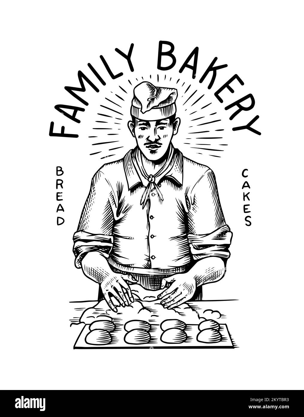 Baker macht Teig für Brot. Handgezeichnet in alten Skizzen- und Vintage-Stil für Label, Logo und Menü, Bäckerei. Stock Vektor