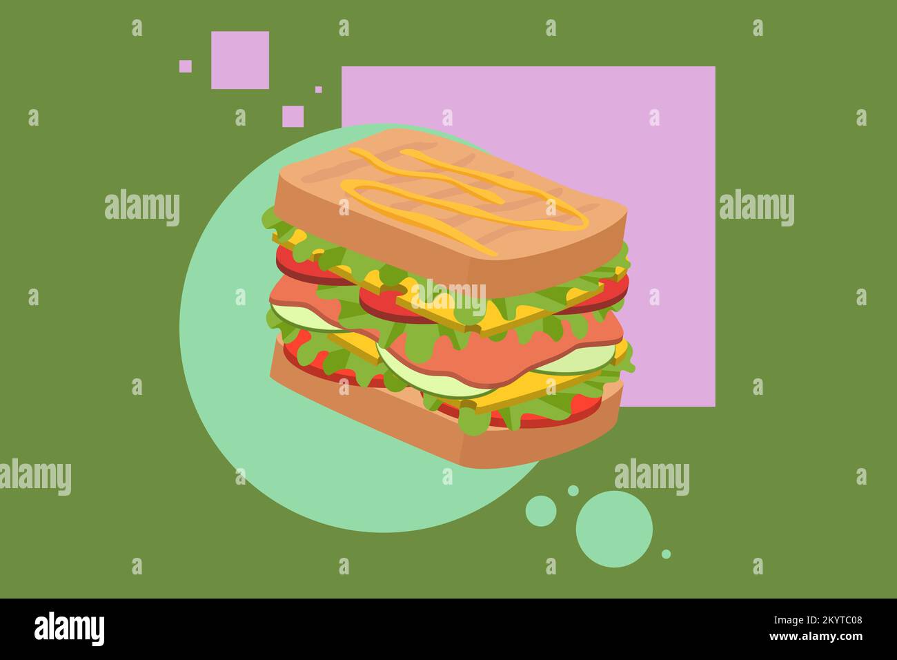 Auswahl an köstlichen, saftigen Sandwiches gefüllt mit Gemüse, Käse, Fleisch, Speck. Vektordarstellung im flachen Cartoon-Stil Stock Vektor