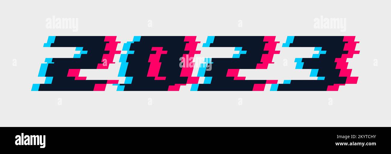 2023-Störungsmeldung. Frohes neues Jahr 2023 - trendiger, farbenfroher Stil. Grafikvorlage für Kalender, Poster, Karten. Cyberpunk-Design CMYK-ähnliche Farben. Vektor Stock Vektor