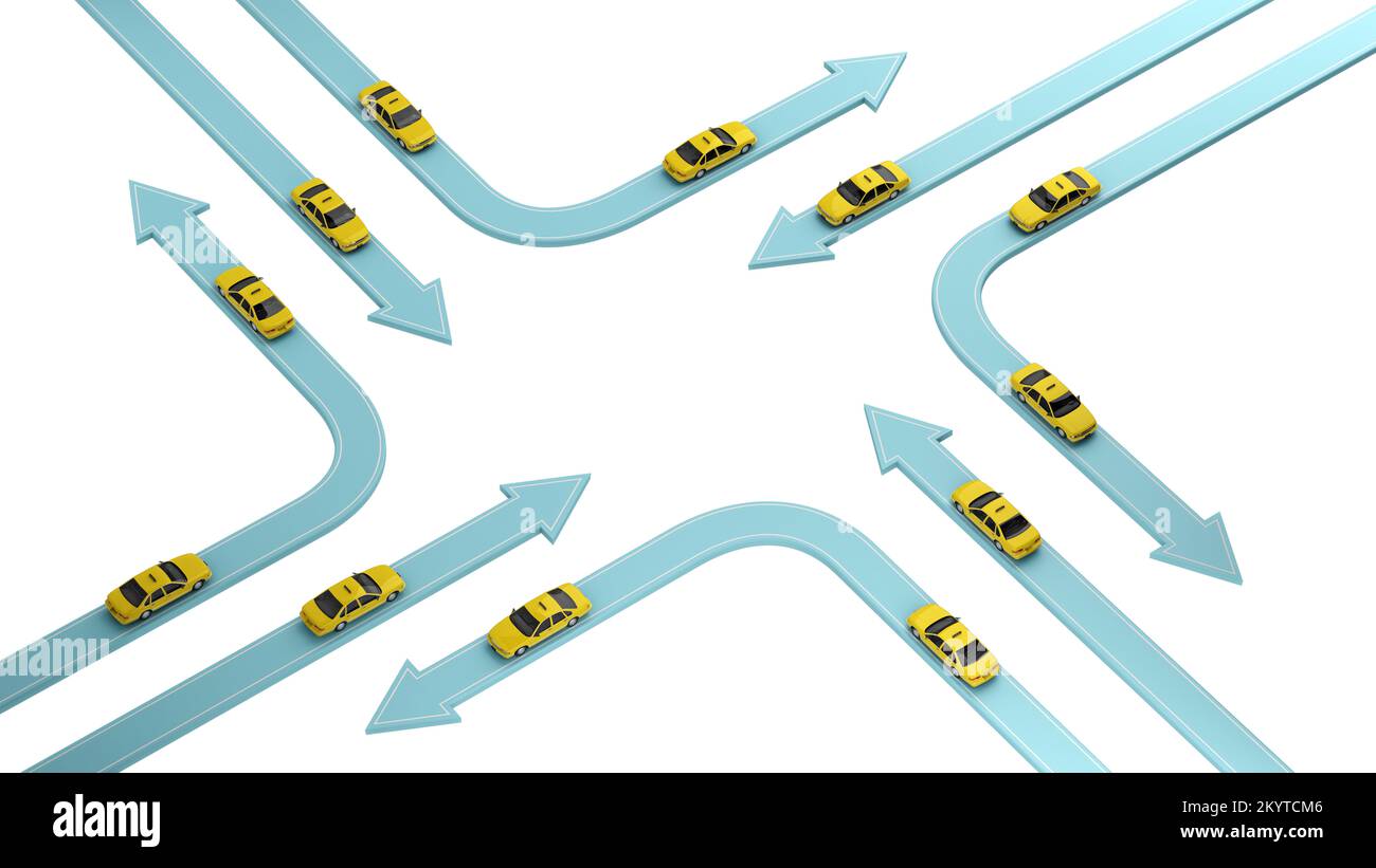 Taxiwagen auf Pfeilen aus verschiedenen Richtungen isoliert auf weiß. 3D-Rendering Stockfoto