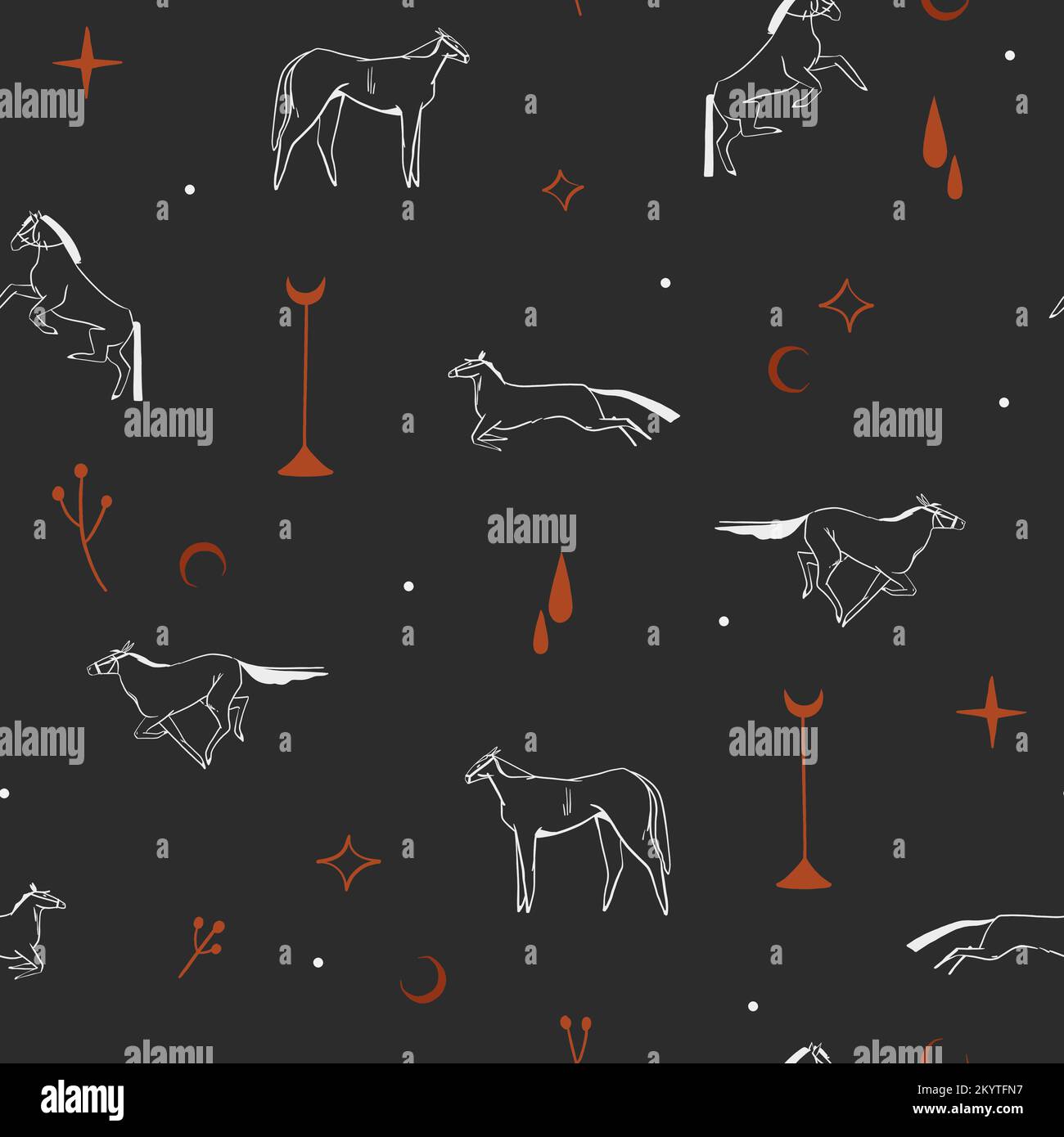 Handgezeichnete abstrakte Vektorgrafik Clipart Illustration Wilder Westen Pferde nahtlose Musterzusammensetzung. Wilder Westen Designkonzept. Böhmischer Wilder Westen Stock Vektor