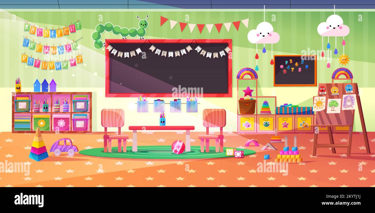 Spielzimmer mit Montessori-Kindergarten, Tisch, Stühlen, Tafel und Spielzeug. Leere Kinderzimmer-Innenausstattung in Kindertagesstätte mit Holzmöbeln und Stock Vektor