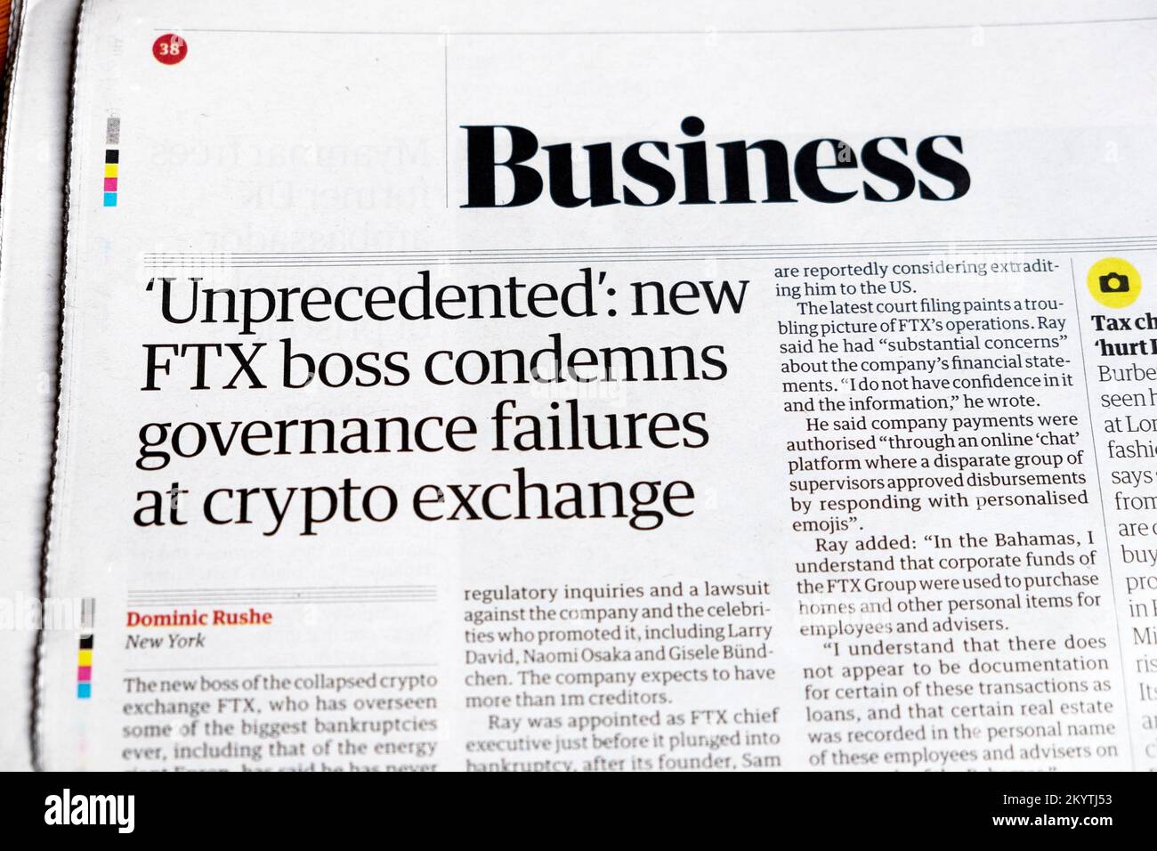 "Beispiellos: Neuer FTX-Chef verurteilt Governance-Misserfolge bei der Krypto-Börse" Schlagzeile der Zeitung Guardian Business Kryptowährung Stockfoto